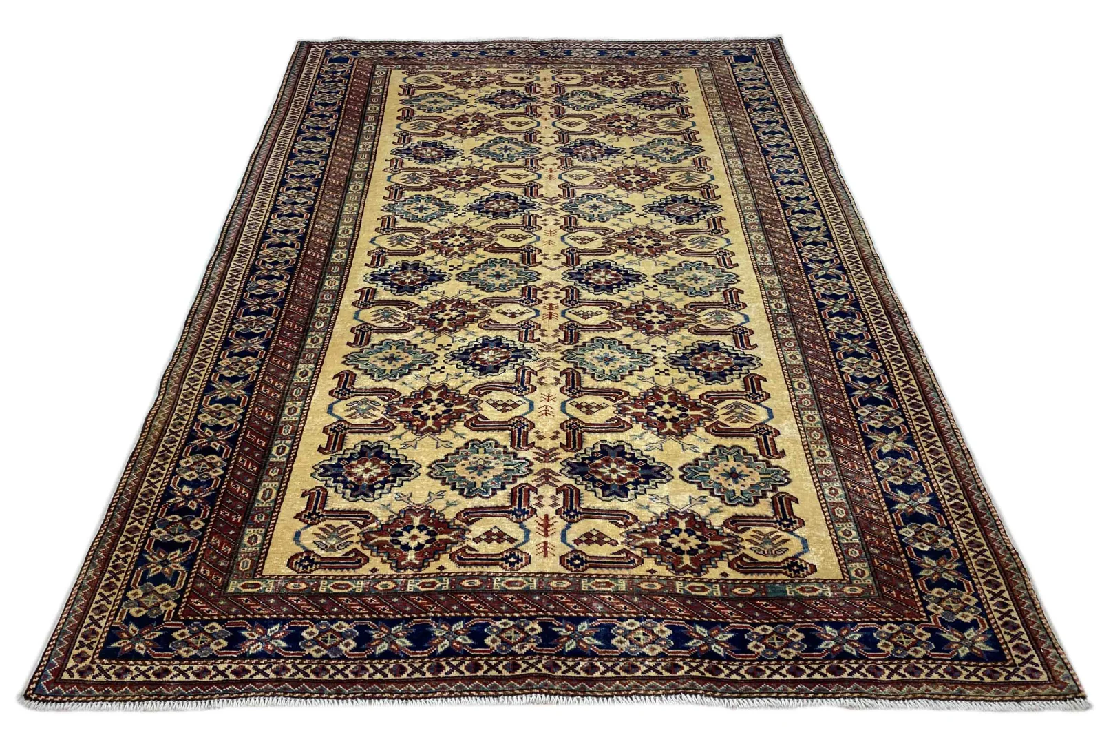 Kazak Teppich 218 x 143 cm - Geometrisches Design, kurzer Flor, handgeknüpft, Perserteppich
