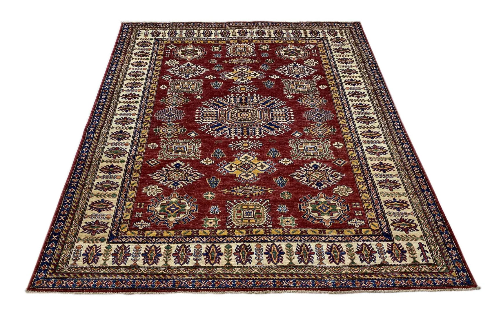 Kazak-Teppich 233 x 186 cm – Geometrisches Design, kurzer Flor, handgeknüpft, Perserteppich