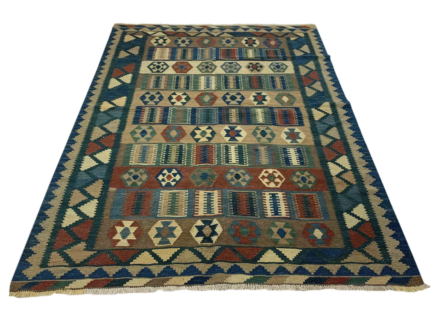 Kelim 205 x 150 cm – handgewebt mit doppeltem Muster, vielseitig einsetzbar als Teppich oder Wandbehang – handgewebt, Orientteppich