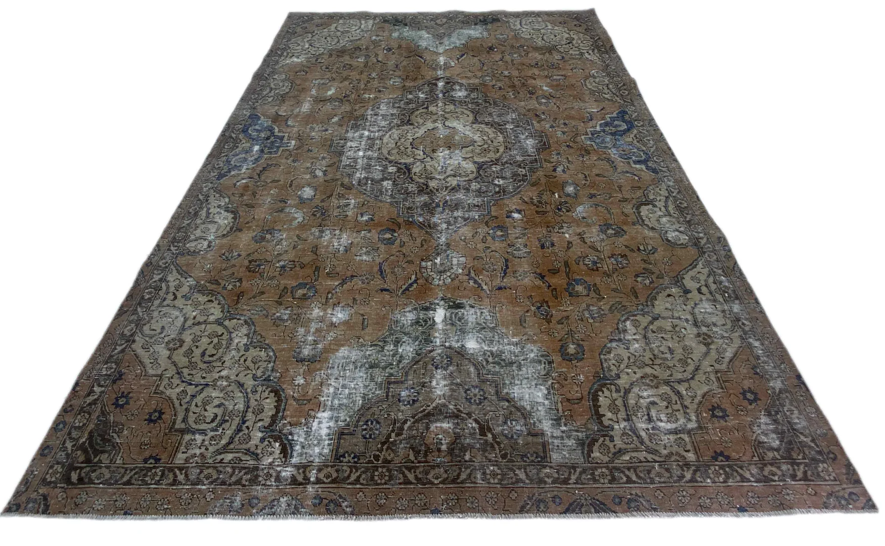 Vintage Perserteppich 338 x 225 cm – Handgeknüpft, Aufwendig Aufgearbeitet mit Neuem Design und Traditionellen Ornamenten – Handgeknüpft, Perserteppich