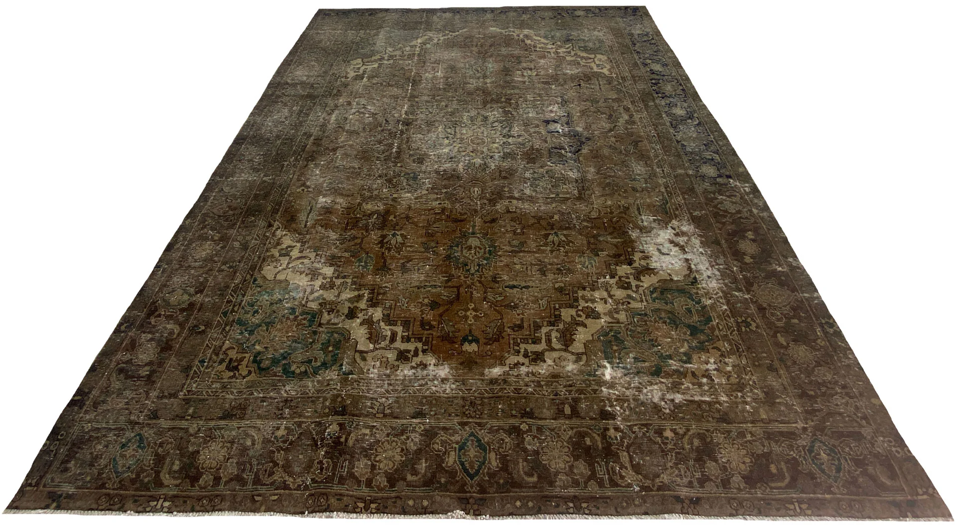 Vintage Perserteppich 338 x 238 cm – Einzigartiges Design, handgeknüpft, mit gekürztem Flor und verfeinerten Farben