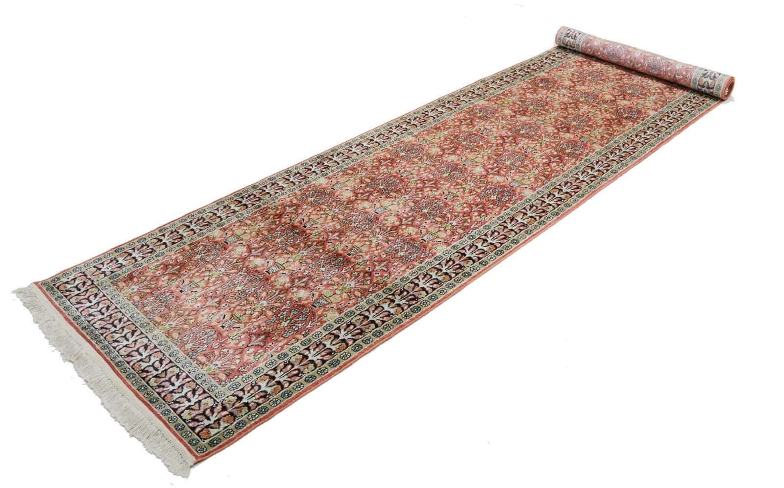 Handgeknüpfter Orientteppich 362 x 93 cm aus Kashmir Seide, Indien