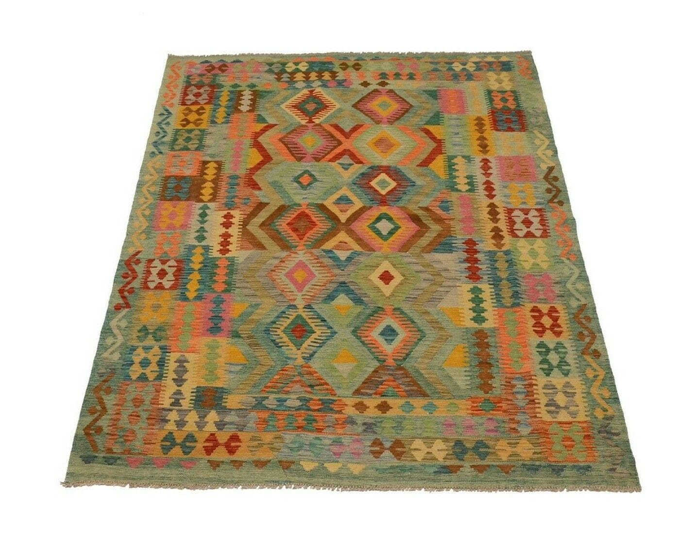 Afghan Kelim 241 x 181 cm handgewebt, geometrisch, Pastellfarben