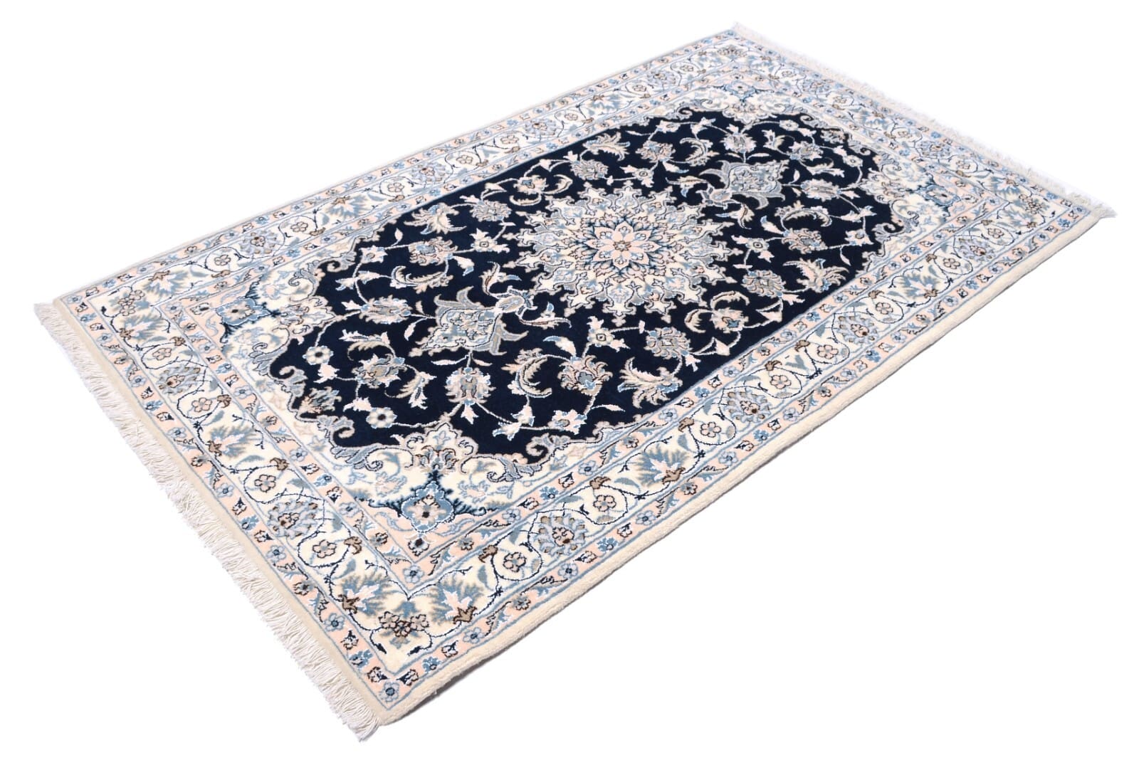 Handgeknüpfter Perser Teppich Nain 197x118 cm, 300.000 Knoten, Blau