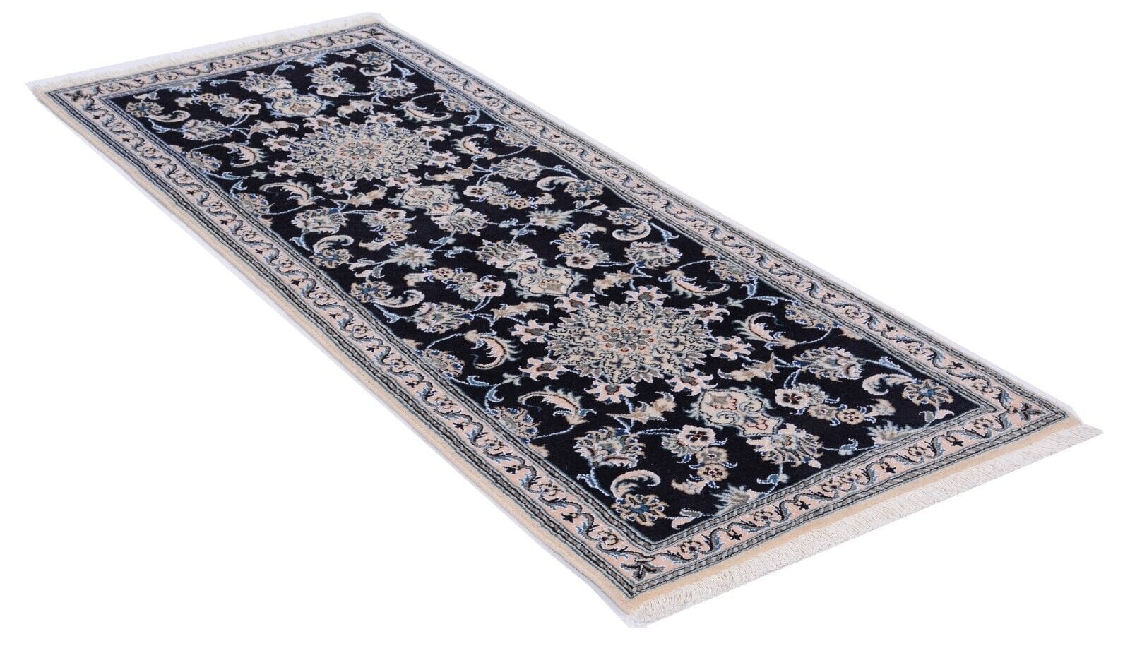 Orientteppich Nain Läufer 204x78 cm, 300.000 Knoten, floral, blau, handgeknüpft