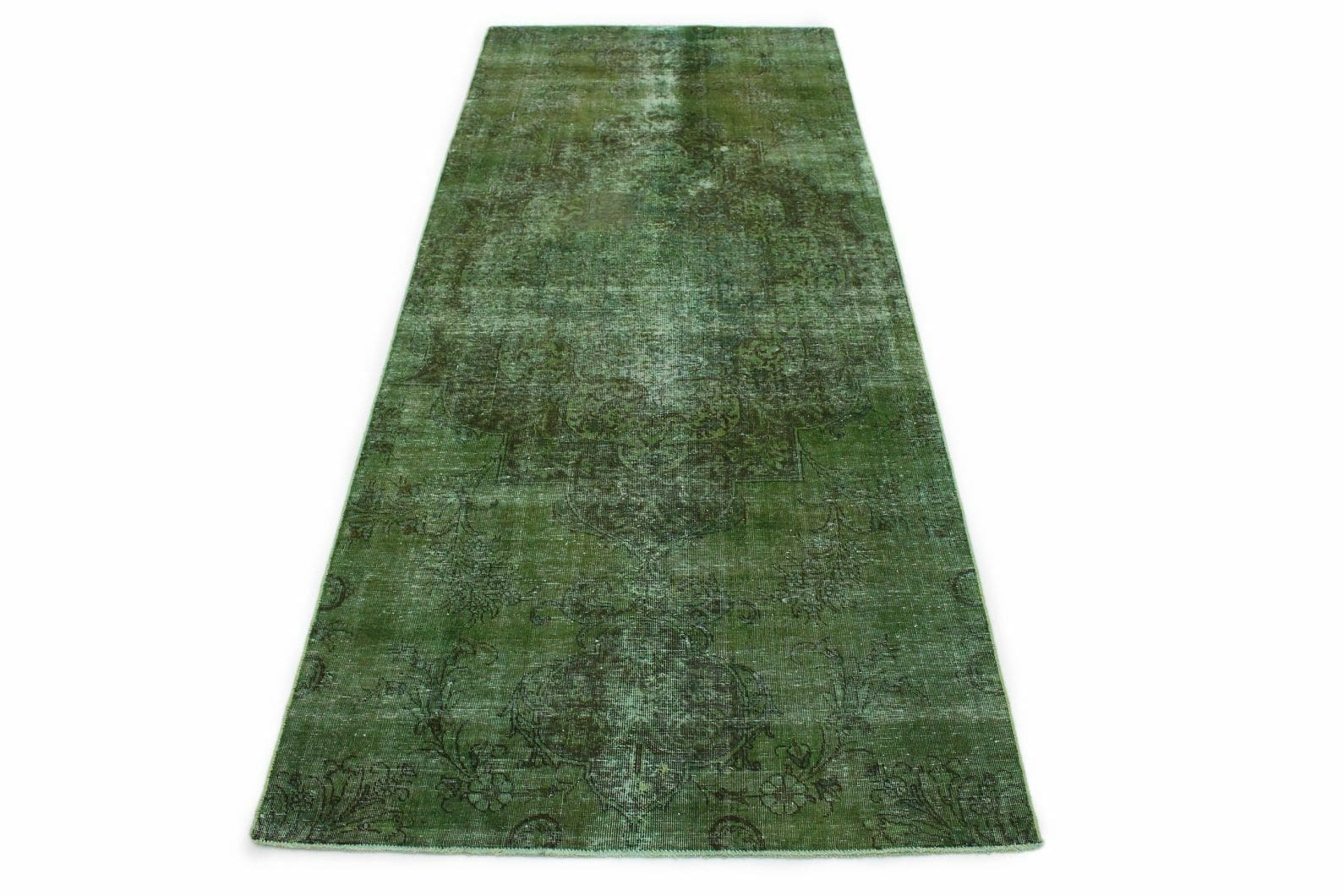 Vintage Orientteppich Läufer Grün 342x137cm handgeknüpft