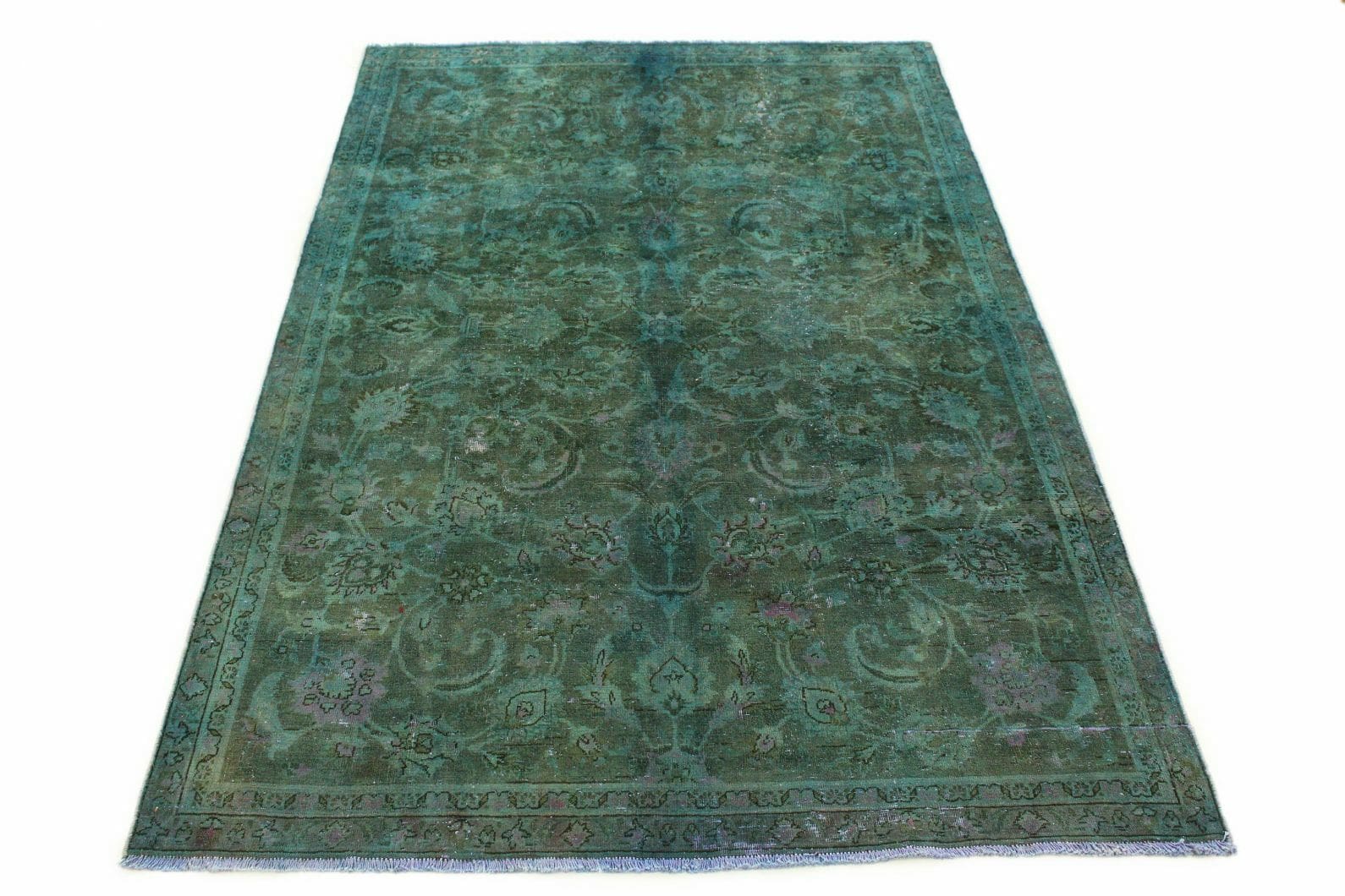 Vintage Teppich Grün 242x159cm, handgeknüpft, Designer Orientteppich