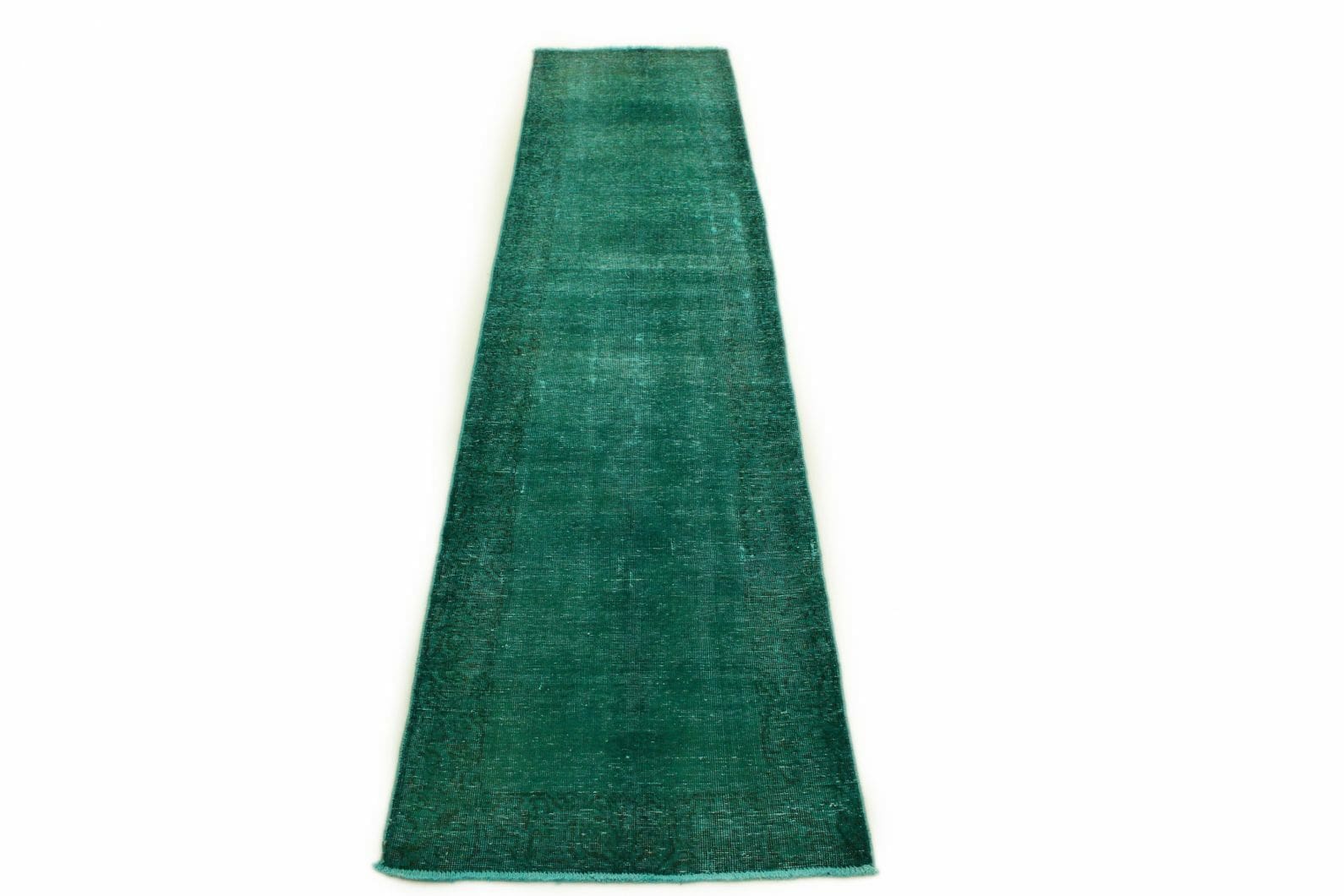 Vintage Orientteppich 350x79cm Türkis Grün, handgeknüpft