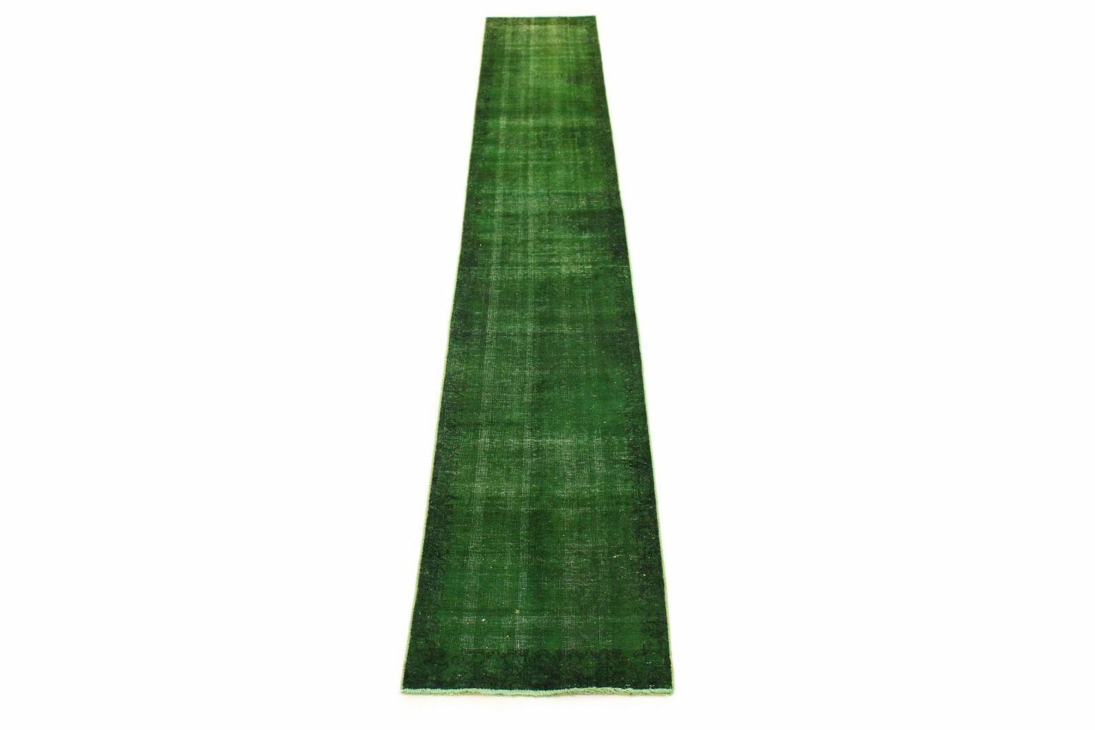 Vintage Orientteppich Grün 426x61 cm, handgeknüpft, Designerstück
