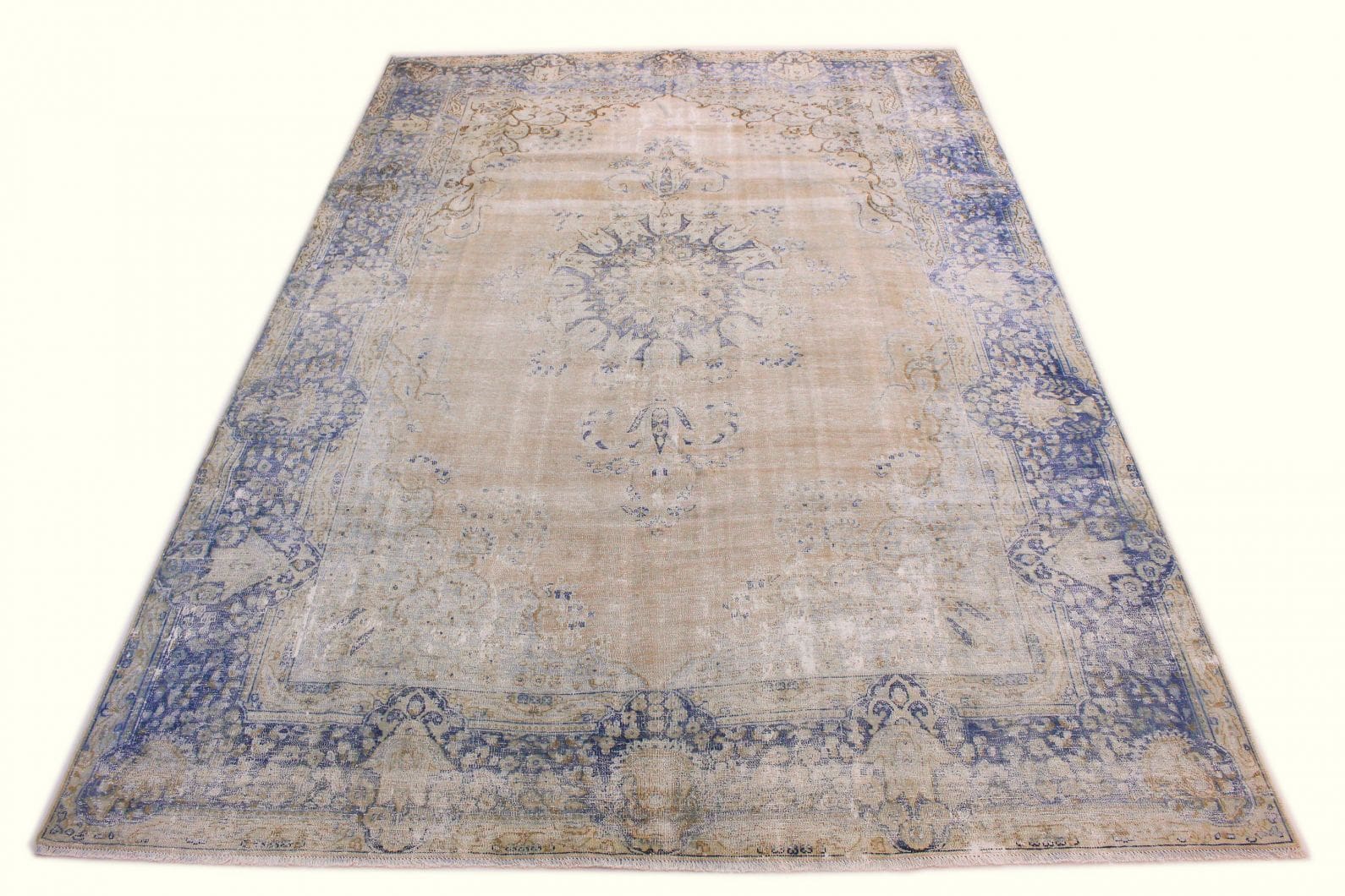 Vintage-Orientteppich 392x266cm Beige Blau Handgeknüpft