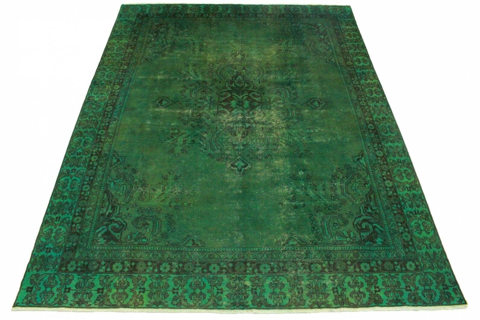 Vintage Orientteppich Grün 367x282cm – Handgeknüpft, Design-Unikat