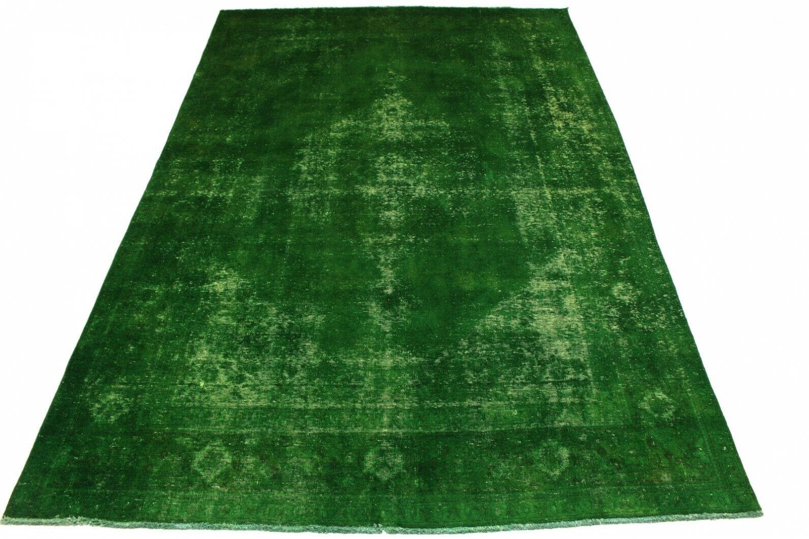 Vintage Orientteppich Grün 350x239cm, handgeknüpft, Designerstück