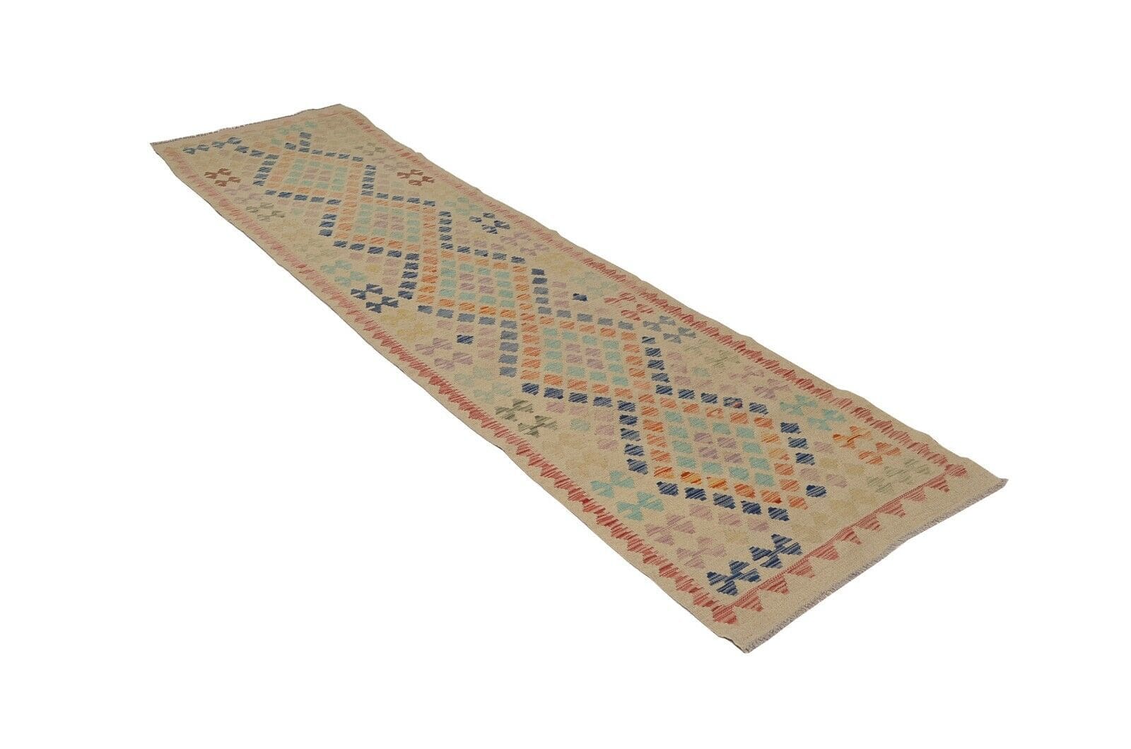Afghan Kelim 299x76 cm geometrisch Pastell handgewebt