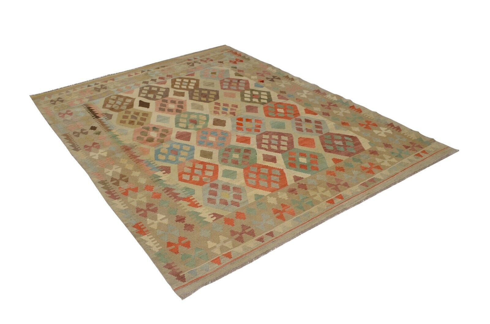 Afghan Kelim 233 x 175 cm handgewebt in Pastellfarben, neu