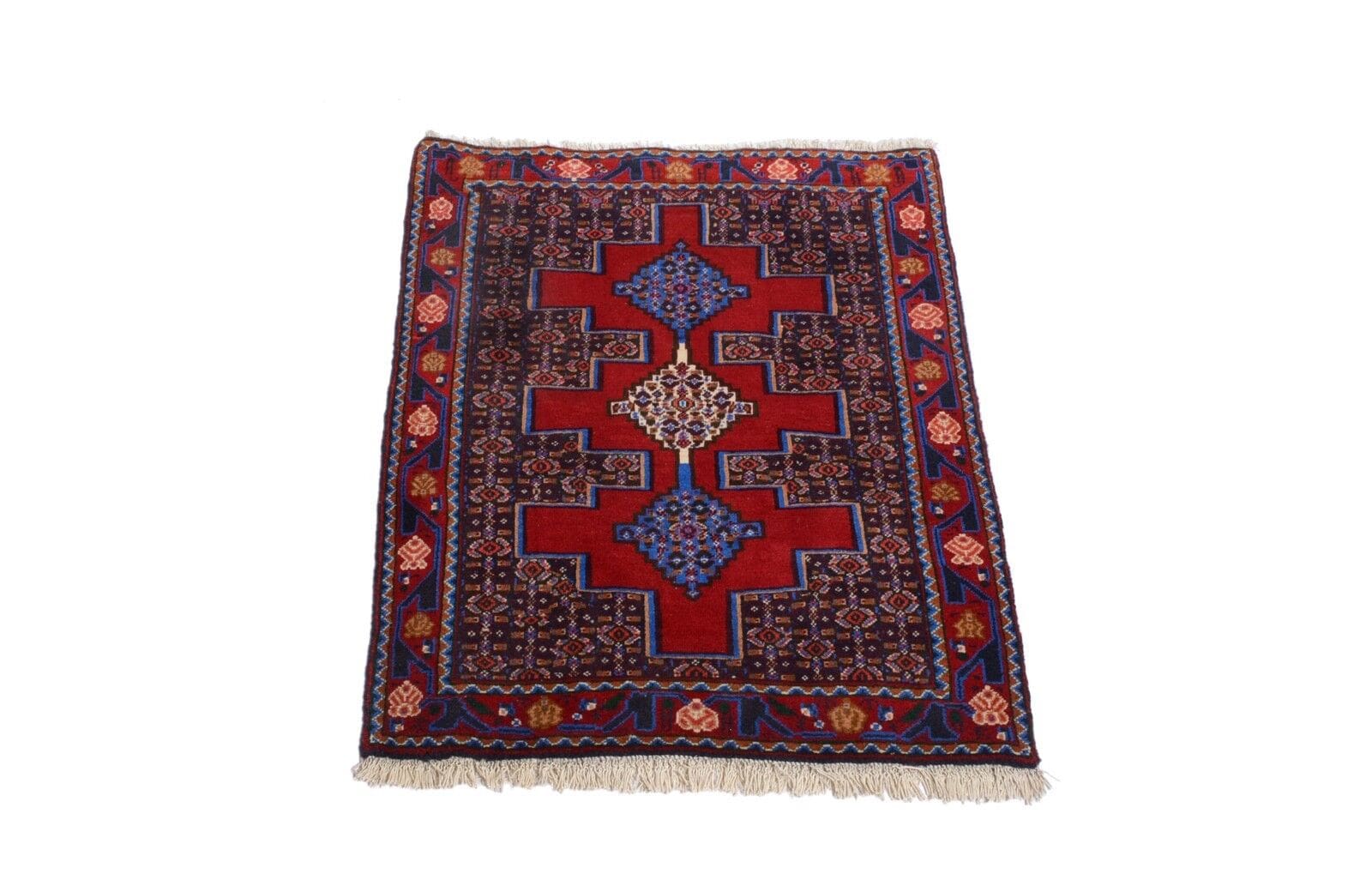Orientteppich Perser Senneh 92x73 cm handgeknüpft Wolle Rot Blau