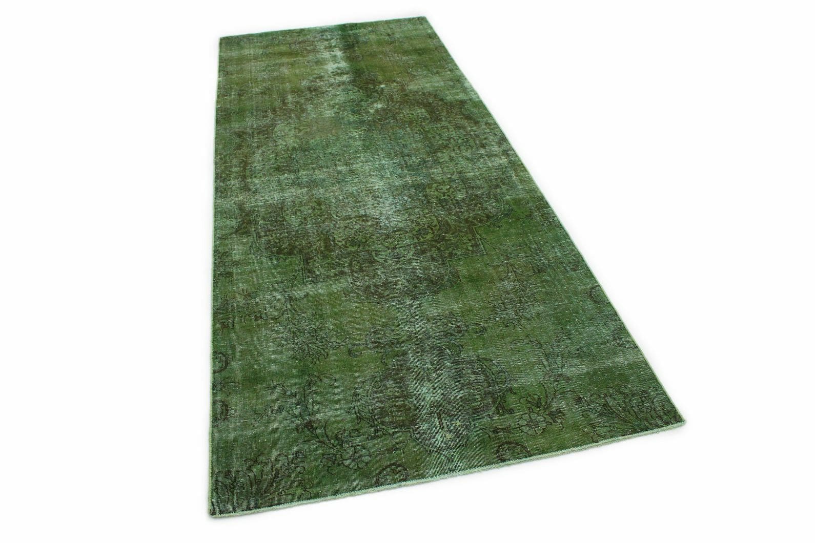 Vintage Orientteppich Läufer Grün 342x137cm handgeknüpft