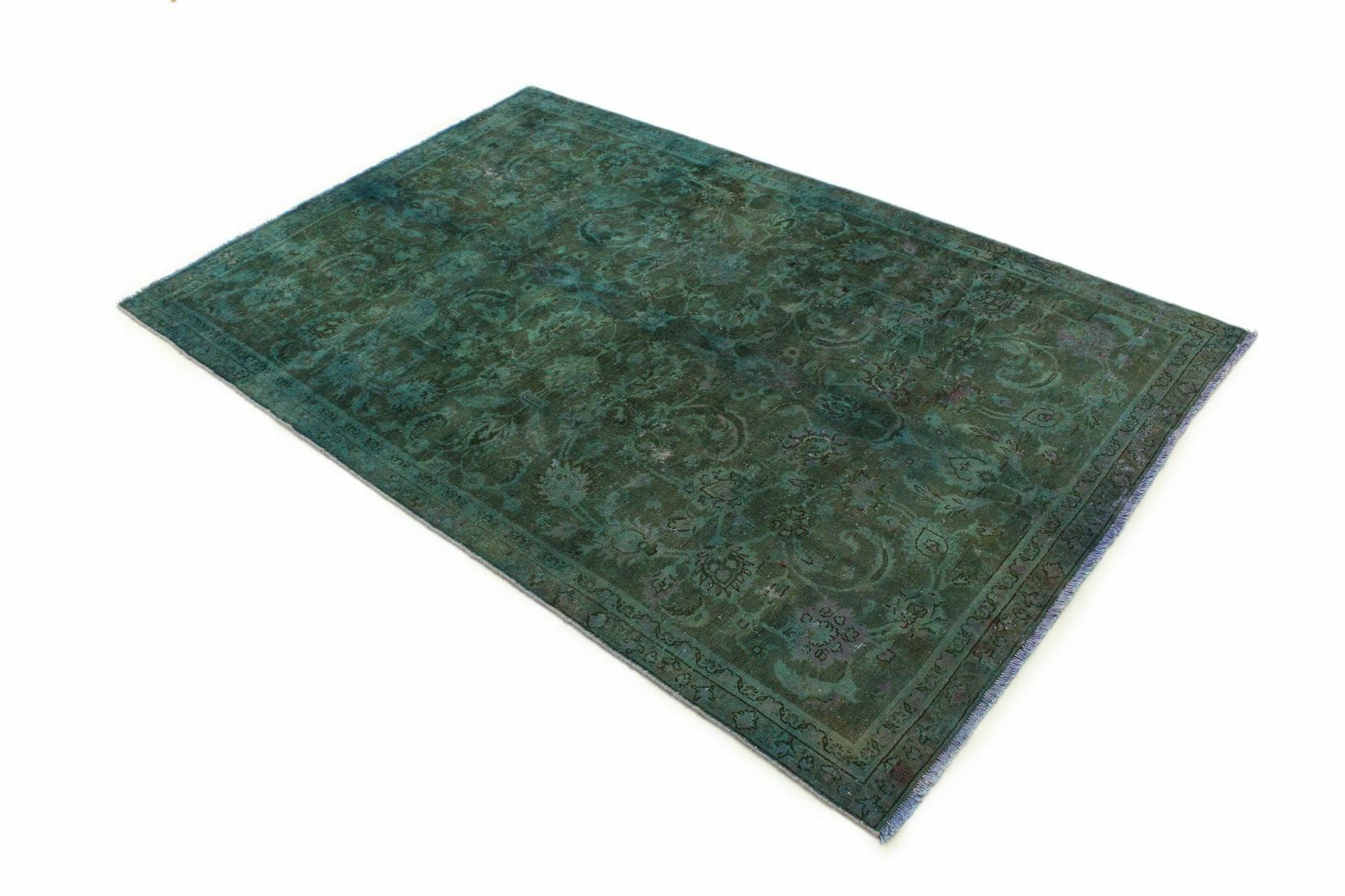 Vintage Teppich Grün 242x159cm, handgeknüpft, Designer Orientteppich