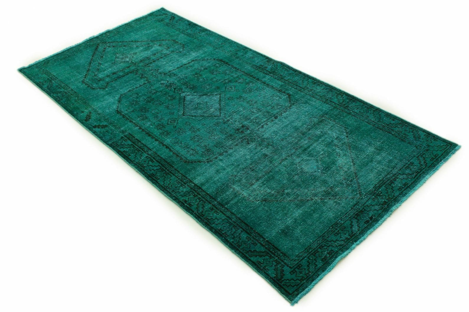 Orientteppich Türkis Grün 285x142cm, Vintage Design, handgeknüpft