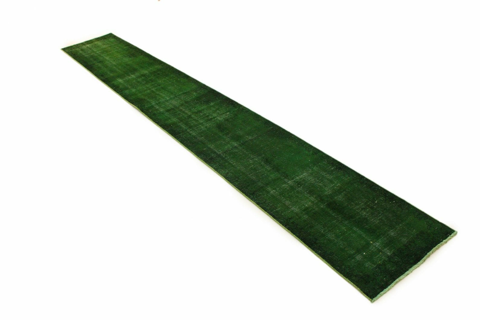Vintage Orientteppich Grün 426x61 cm, handgeknüpft, Designerstück