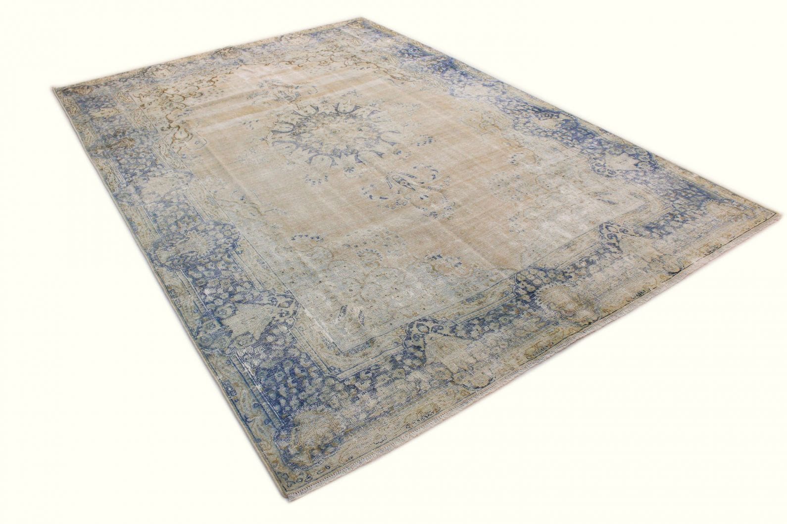 Vintage-Orientteppich 392x266cm Beige Blau Handgeknüpft