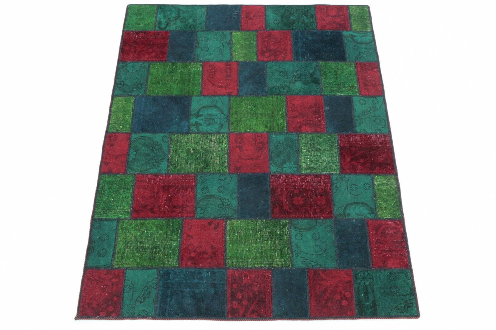 Handgeknüpfter Patchwork Orientteppich 205x153 cm rot grün türkis