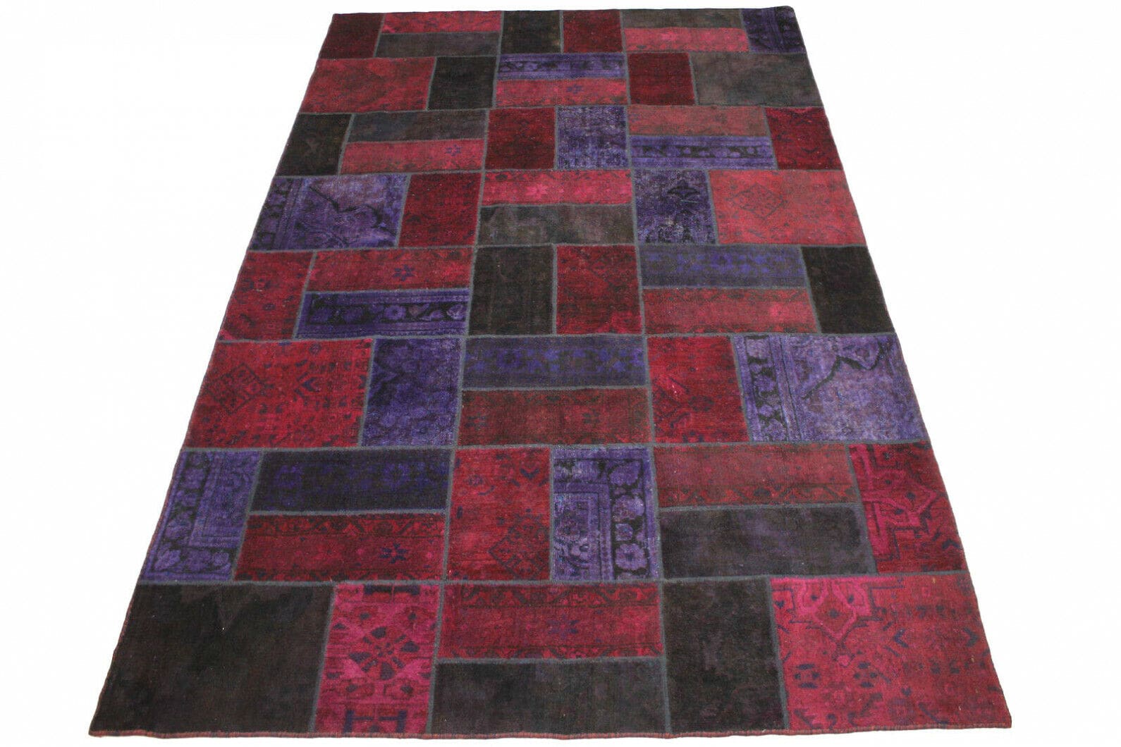 Patchwork Orientteppich 310x202cm rot lila pink handgeknüpft