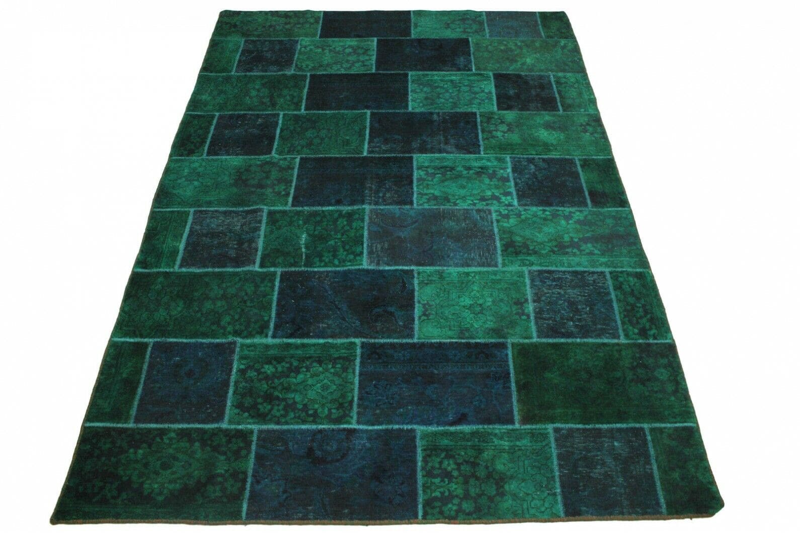 Patchwork Teppich 296x197cm Blau Türkis - handgeknüpft