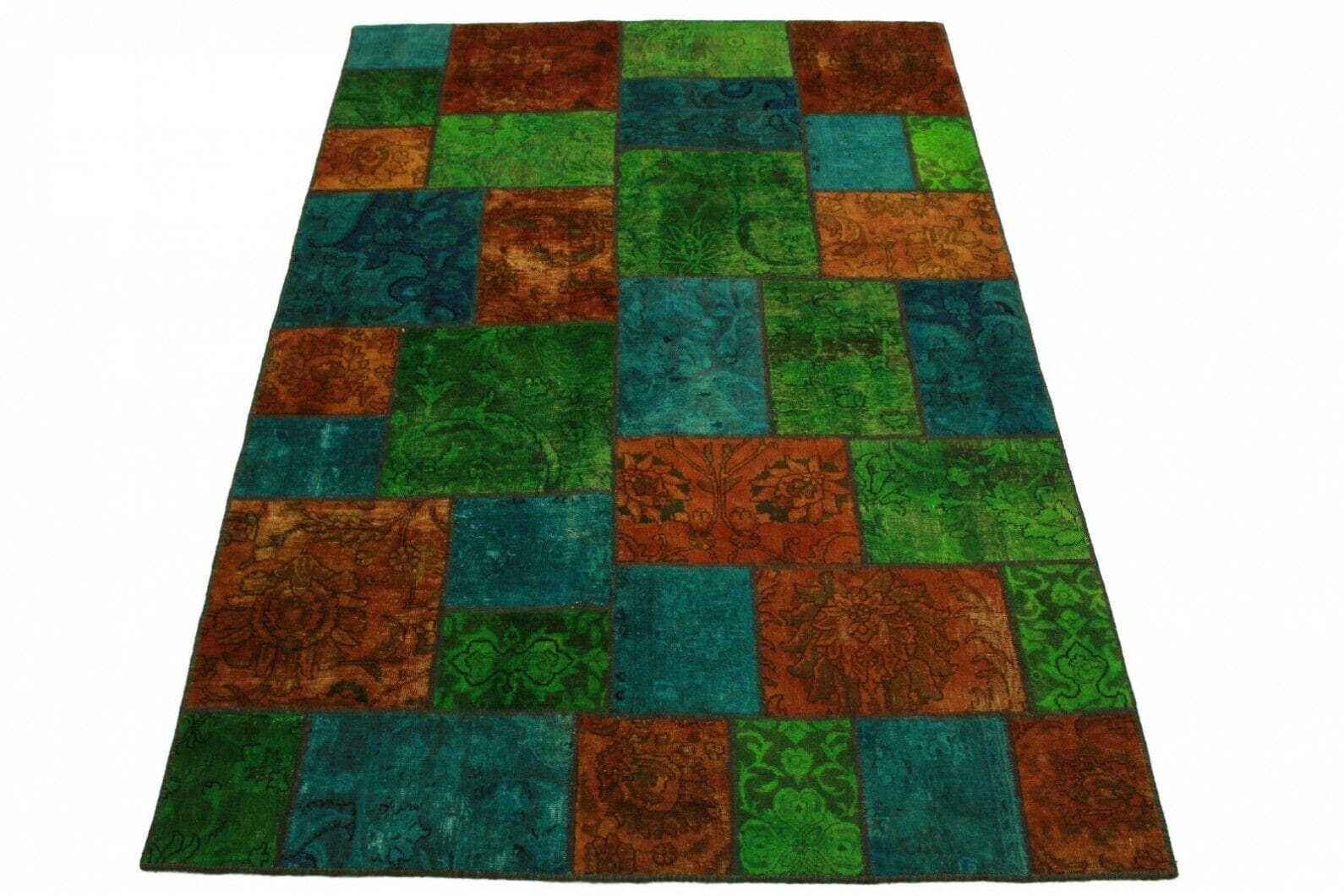 Patchwork Orientteppich 240x163cm Orange Grün Türkis handgeknüpft