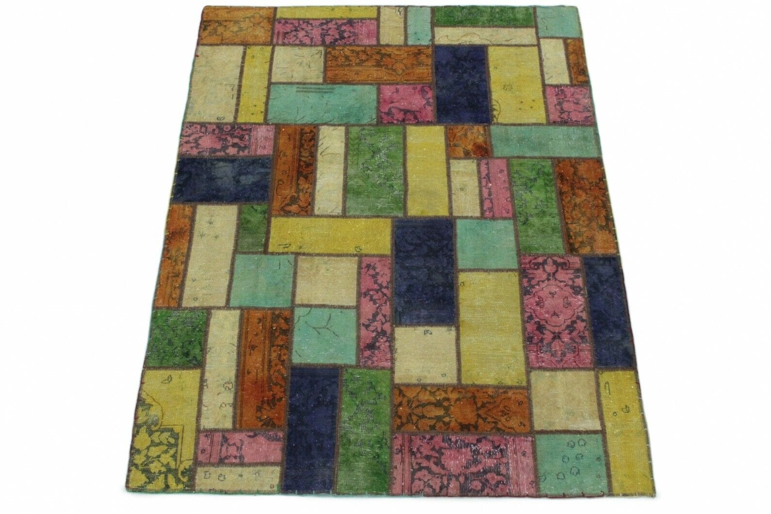 Patchwork Orientteppich 200x150cm Rosa Gelb Türkis Beige Orange handgeknüpft