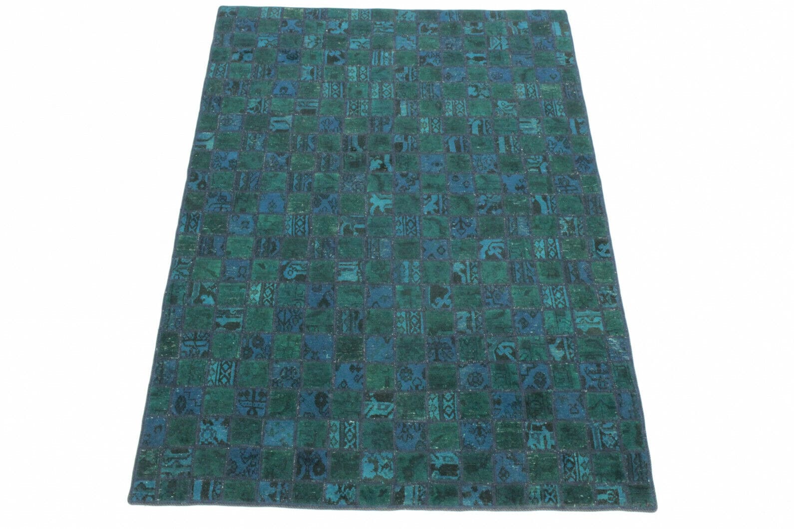 Handgearbeiteter Patchwork Teppich 240x164cm türkis-blau, handgeknüpft
