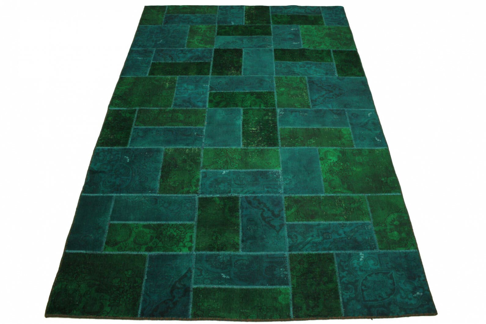 Patchwork Orientteppich Grün Türkis 307x199cm handgeknüpft