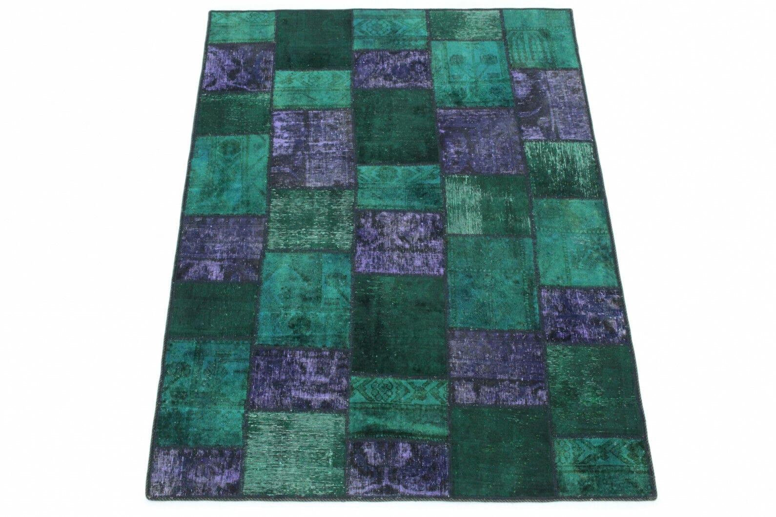 Handgeknüpfter Patchwork Teppich 202x151cm grün-lila Orientteppich