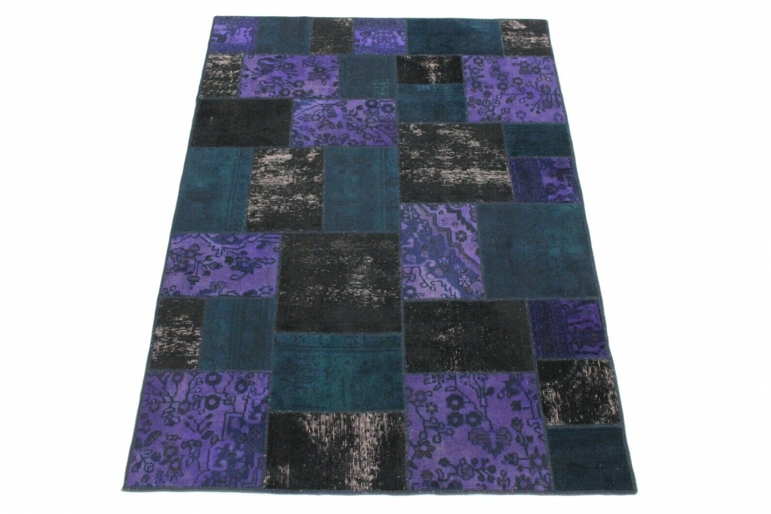 Handgeknüpfter Patchwork Orientteppich 240x170cm lila blau schwarz