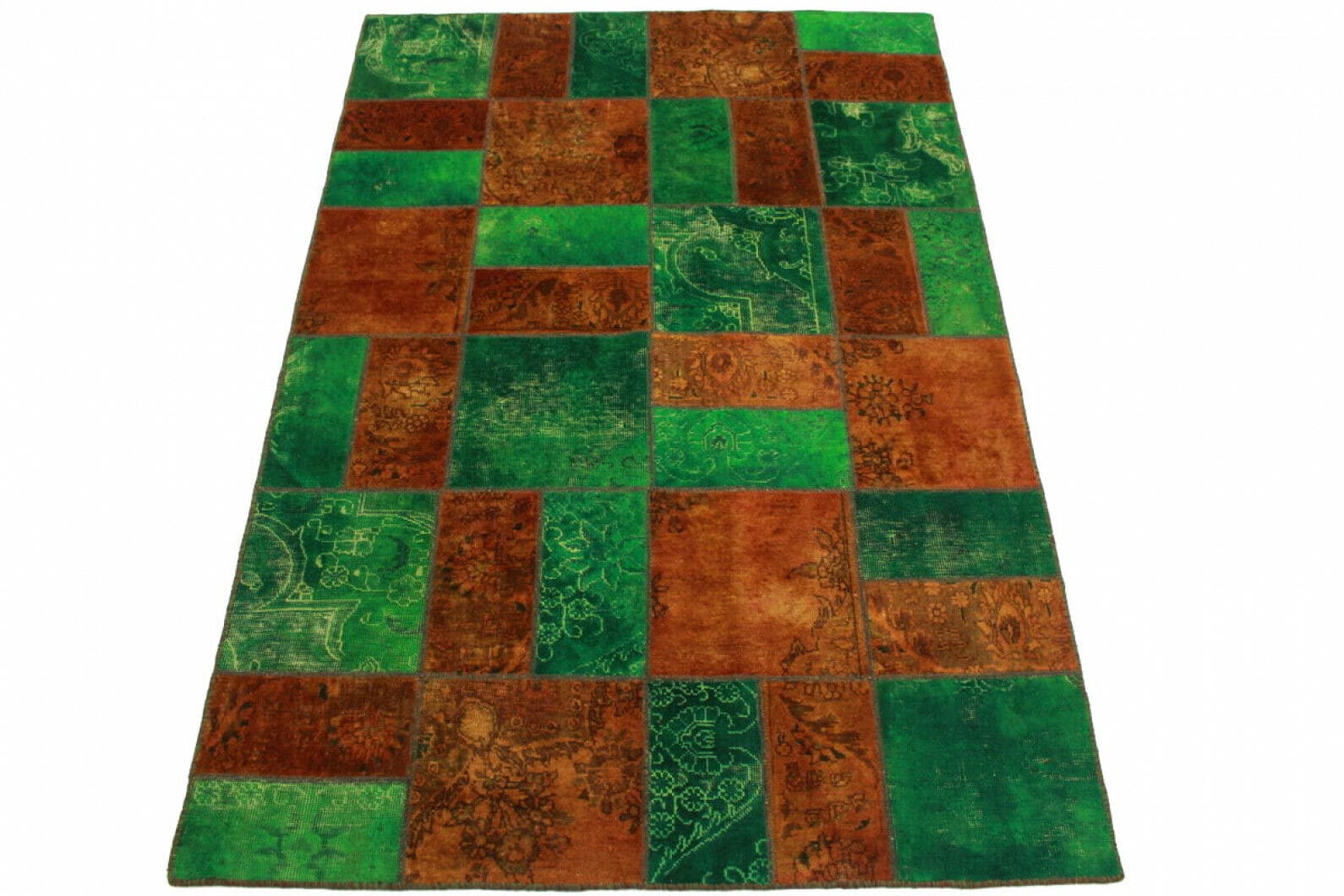 Patchwork Teppich 240x160cm orange grün, handgeknüpft, einzigartig