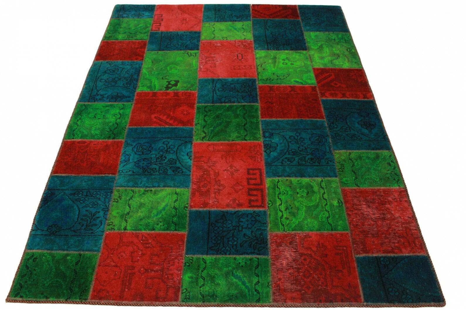 Handgeknüpfter Patchwork Teppich 203x151cm in Grün Rot Blau - Orientteppich