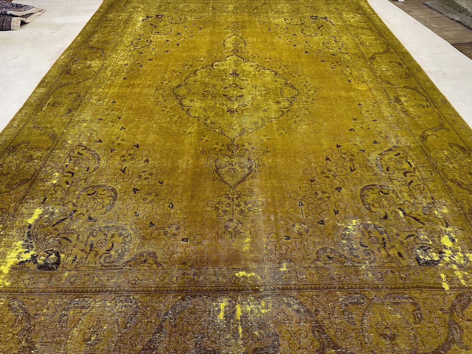 Vintage Perserteppich 389x295cm, gelb-gold, handgeknüpft