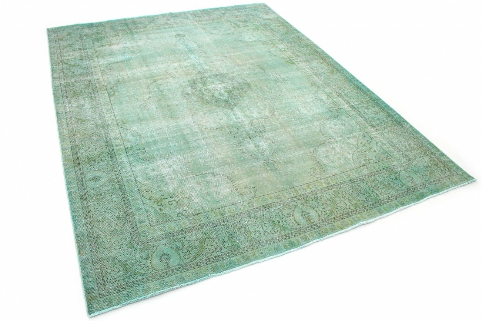 Vintage Orientteppich 390x309cm in Grün Türkis, handgeknüpft