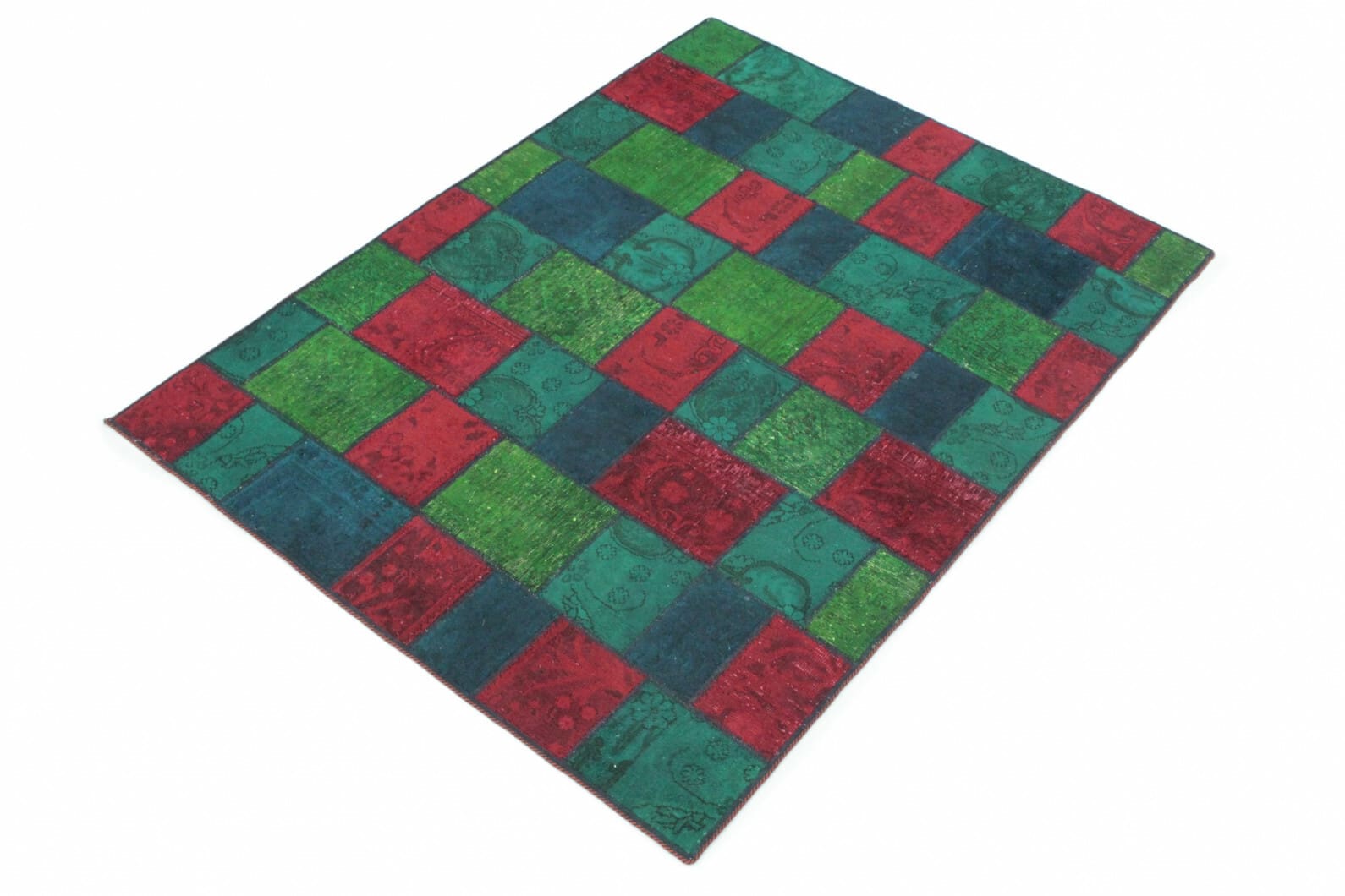 Handgeknüpfter Patchwork Orientteppich 205x153 cm rot grün türkis