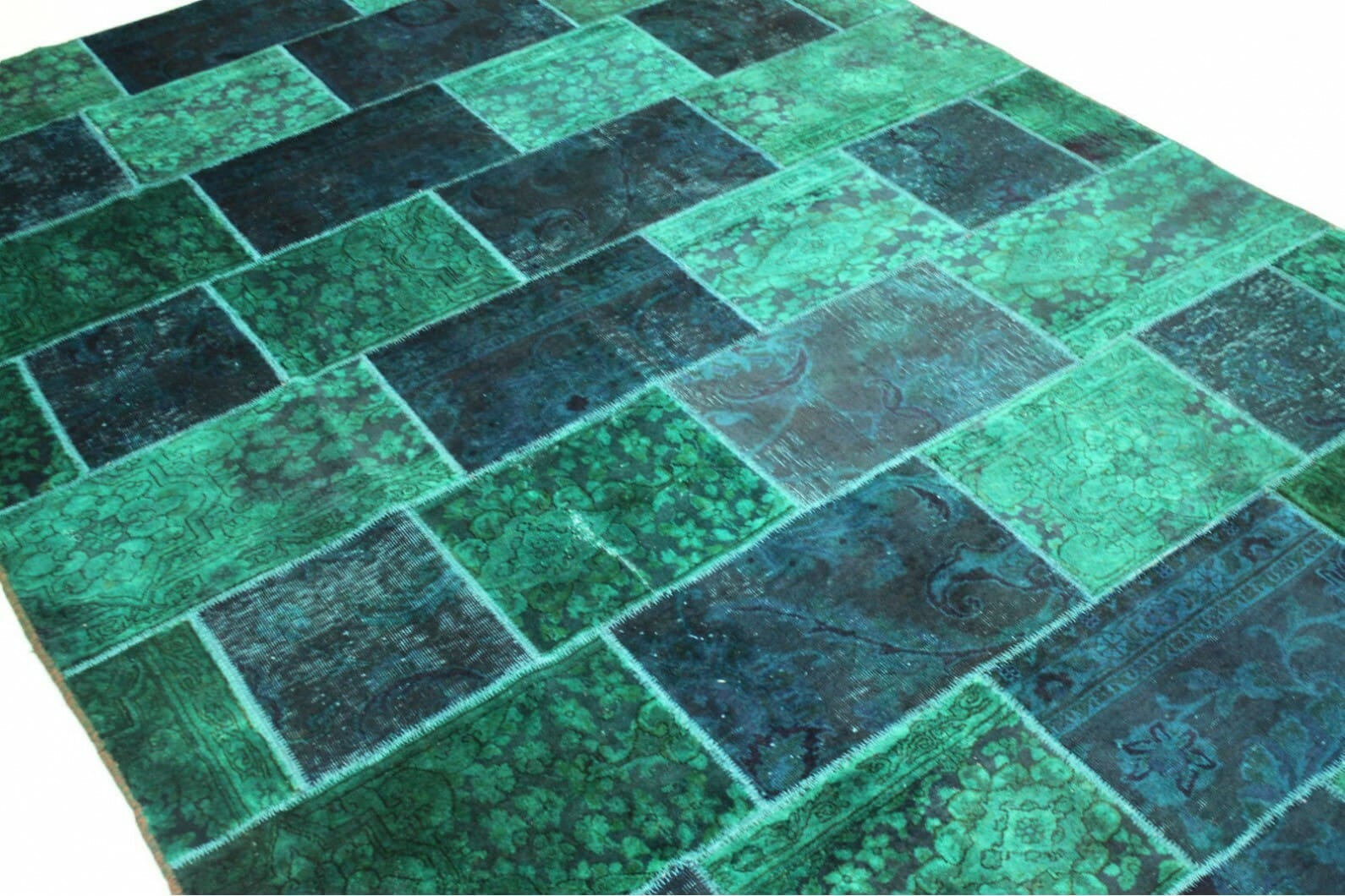 Patchwork Teppich 296x197cm Blau Türkis - handgeknüpft