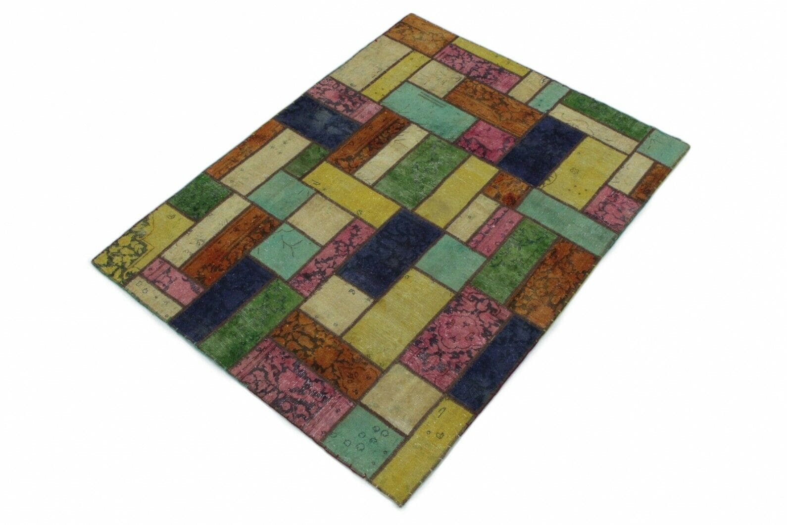 Patchwork Orientteppich 200x150cm Rosa Gelb Türkis Beige Orange handgeknüpft