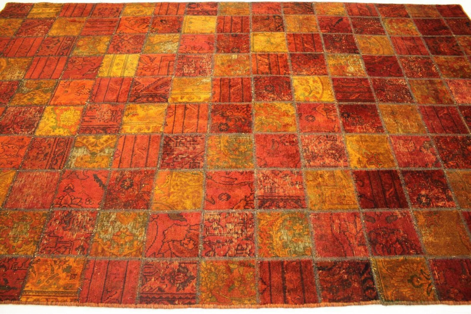 Patchwork Teppich Orange Rot 307x198cm – handgeknüpft Orientteppich