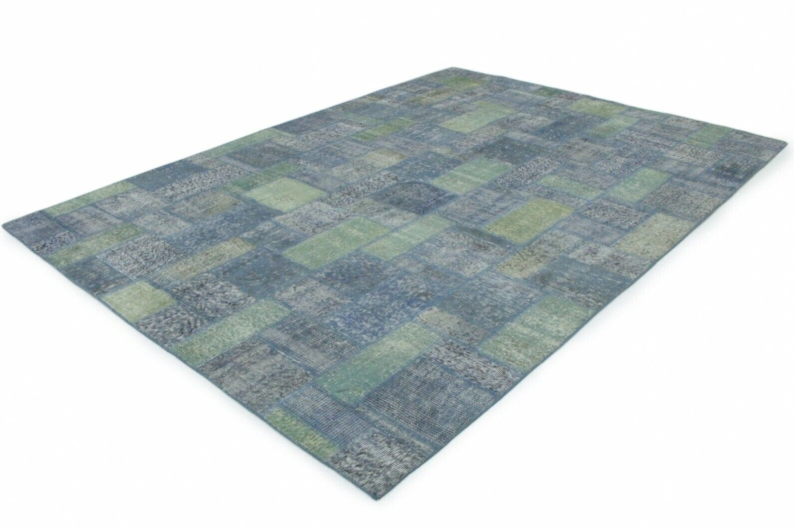 Patchwork Orientteppich 3x2,1m Grau Grün Blau – handgeknüpft