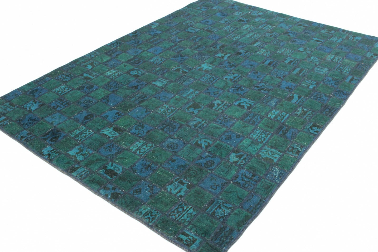 Handgearbeiteter Patchwork Teppich 240x164cm türkis-blau, handgeknüpft