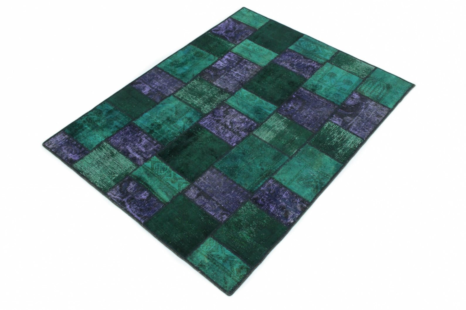 Handgeknüpfter Patchwork Teppich 202x151cm grün-lila Orientteppich