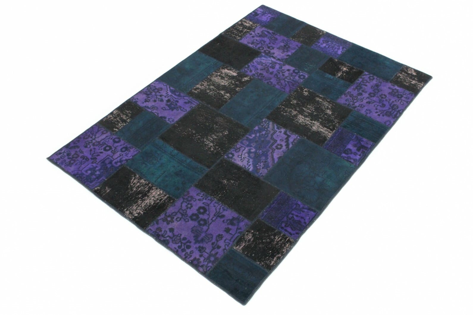 Handgeknüpfter Patchwork Orientteppich 240x170cm lila blau schwarz