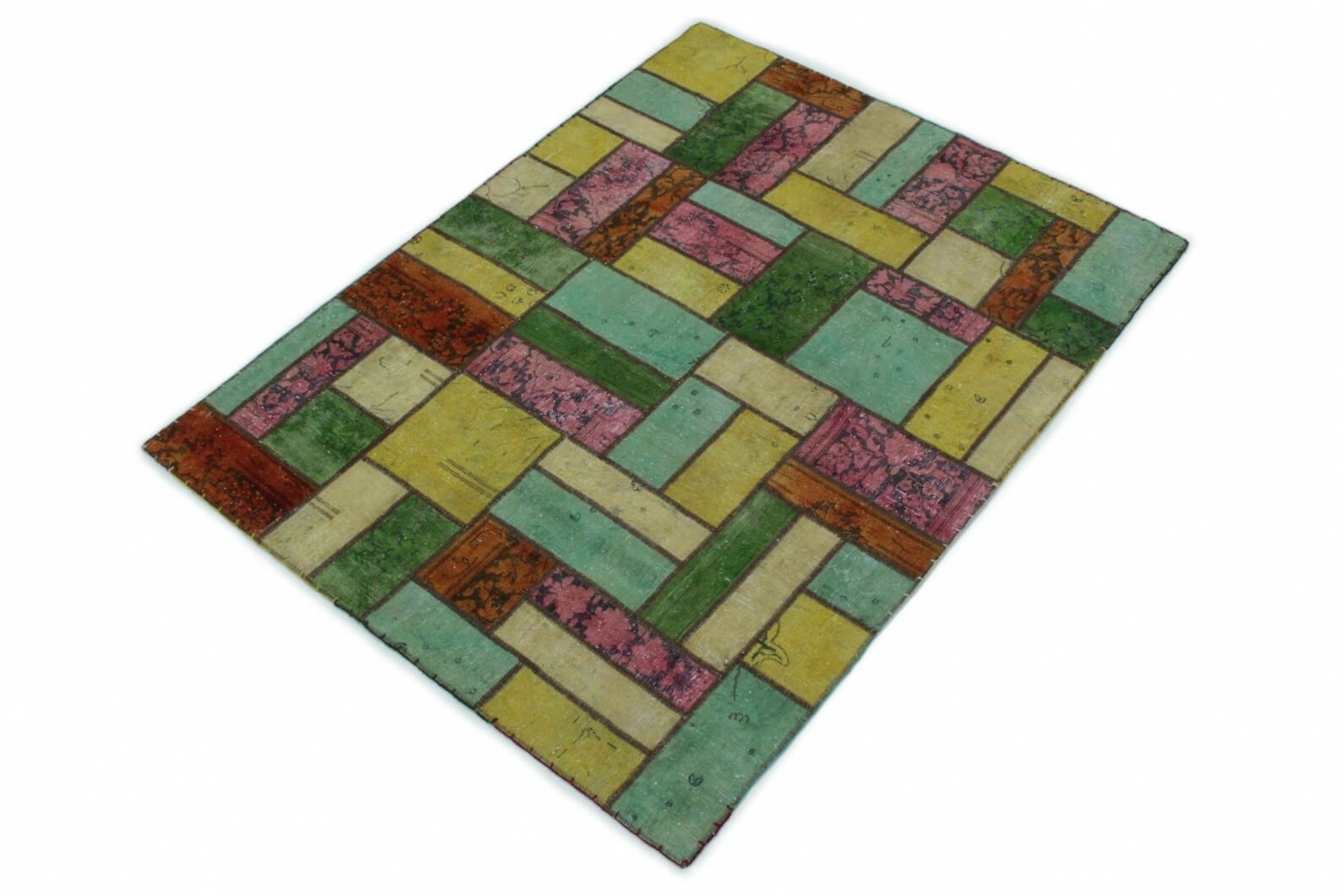Handgearbeiteter Patchwork Orientteppich 202x151cm beige türkis pink