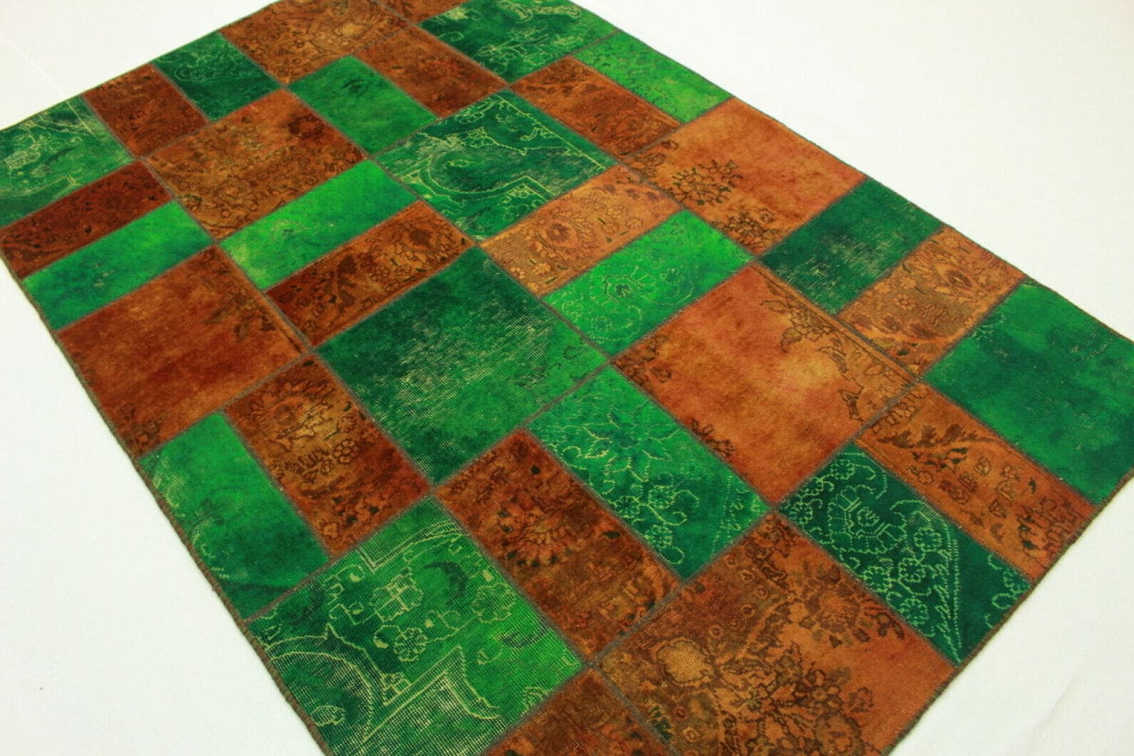 Patchwork Teppich 240x160cm orange grün, handgeknüpft, einzigartig
