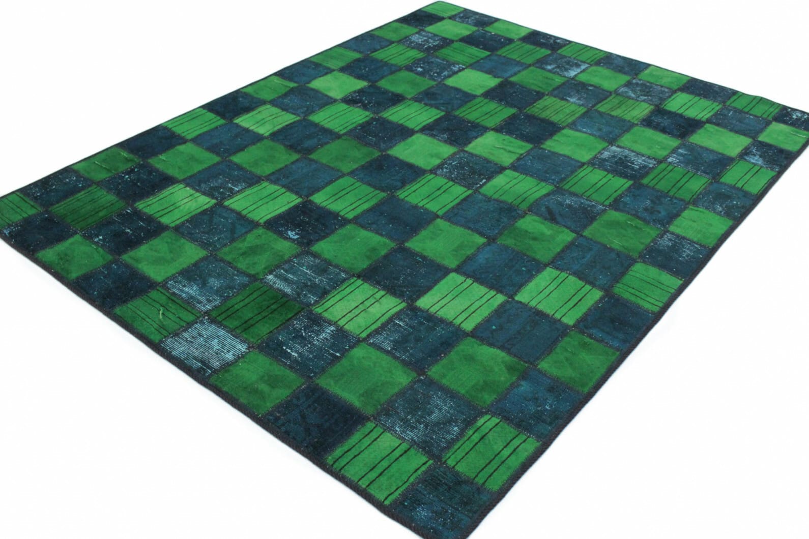 Handgearbeiteter Patchwork Teppich 197x151cm grün-türkis, handgeknüpft