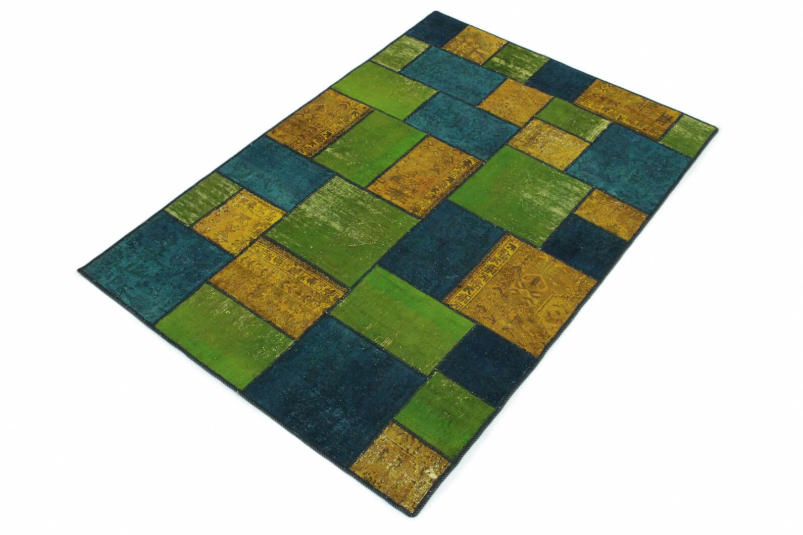 Patchwork Teppich Blau Grün Orange 240x160 cm, handgeknüpft