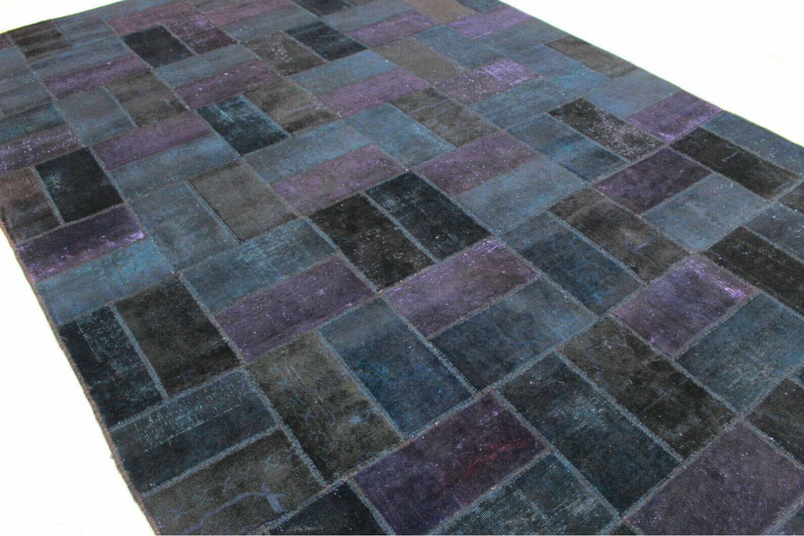 Patchwork Teppich 3,7x2,4m Lila Blau – Handgeknüpft, Orientteppich